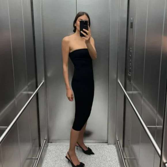 Zara | Dresses | Strapless Stretch Knit Dress Black